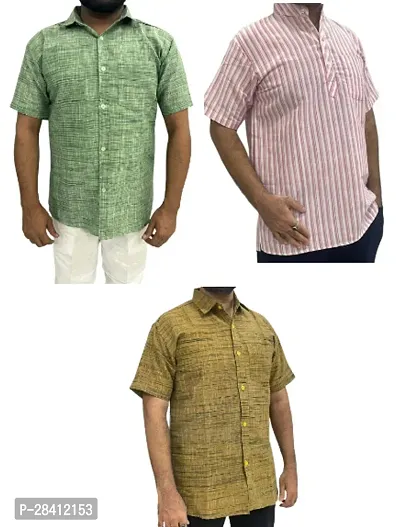 Stylish Multicoloured Khadi Cotton Solid Short Sleeves Casual Shirt For Men Pack Of 3-thumb0