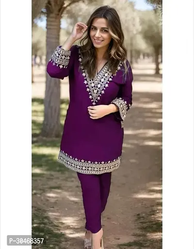 Stylish Purple Embroidered Rayon Kurta Pant Set For Women-thumb0