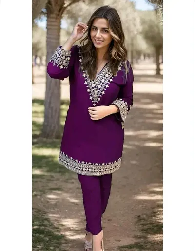 Stylish Embroidered Rayon Kurta Pant Set For Women