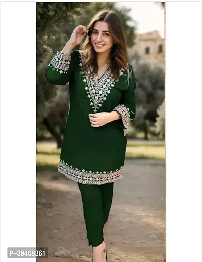 Stylish Green Embroidered Rayon Kurta Pant Set For Women