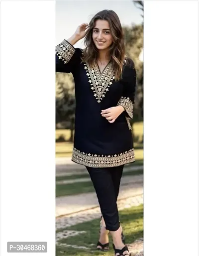 Stylish Black Embroidered Rayon Kurta Pant Set For Women-thumb0