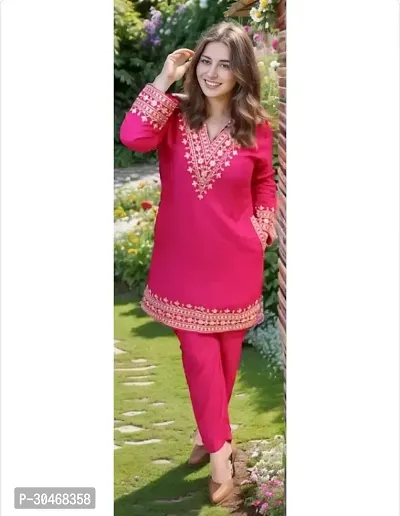 Stylish Pink Embroidered Rayon Kurta Pant Set For Women