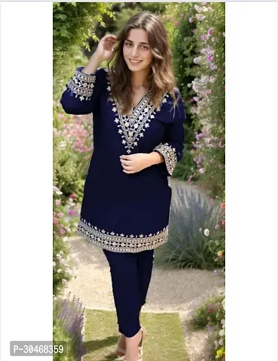 Stylish Navy Blue Embroidered Rayon Kurta Pant Set For Women-thumb0