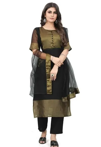 Alluring Georgette Straight Kurta with Pant And Net Dupatta Set