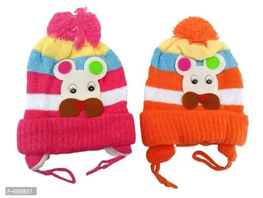 Baby Woolen Caps- (Pink, Orange-Pack of 2)