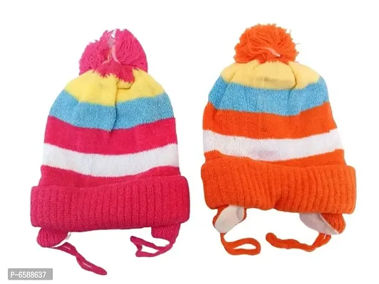 Baby Woolen Caps- (Pink, Orange-Pack of 2)-thumb2