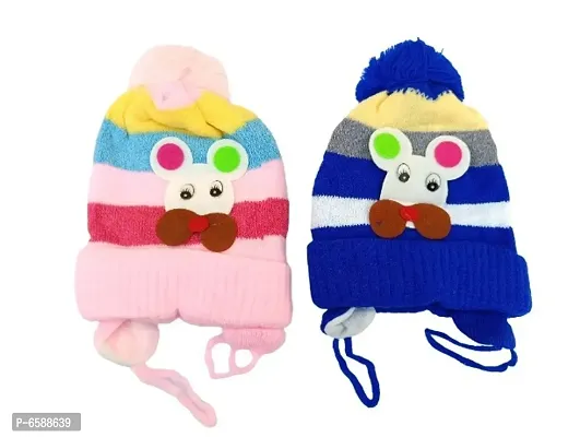 Baby Woolen Caps- (Baby Pink, Blue-Pack of 2)