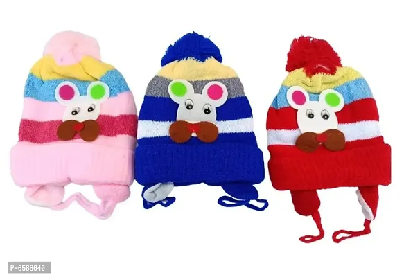 Baby Woolen Caps- (Baby Pink, Blue and Red-Pack of 3)