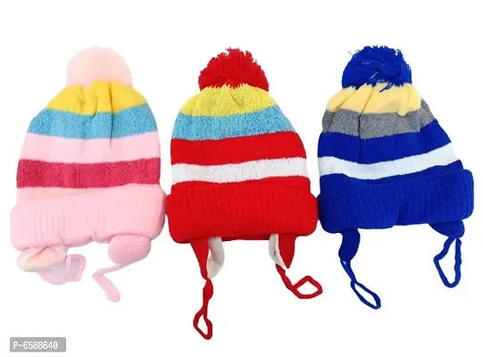 Baby Woolen Caps- (Baby Pink, Blue and Red-Pack of 3)-thumb2