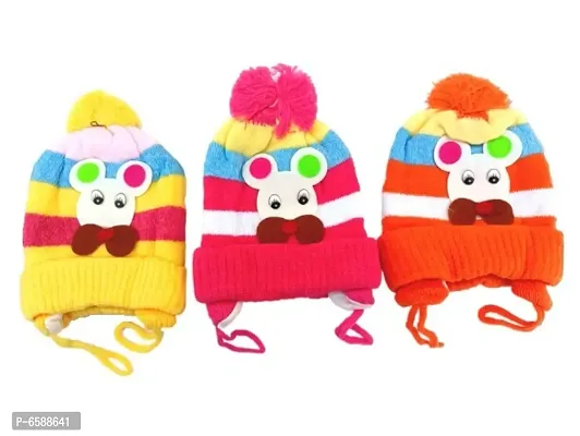 Baby Woolen Caps- (Yellow, Pink and Orange-Pack of 3)