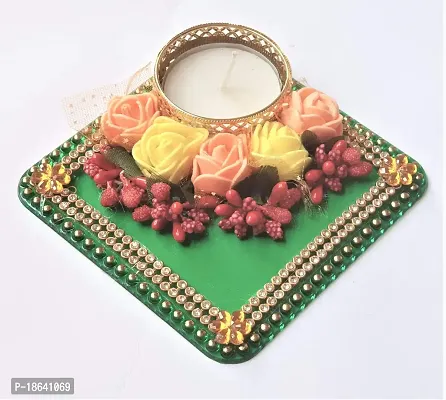 PRAHLL Decorative Artificial Flower Rose Tea Light Holder (3.2-inch, Green)