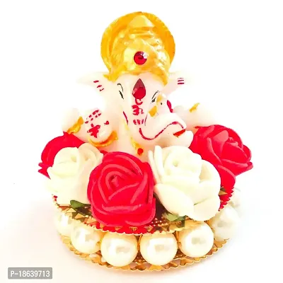 CurioCity Lord Ganesha Idol on Ornamental Base of Red and White Flowers and Pearls for Car Dashboard/Home Decor Showpiece