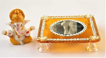 PRAHLL Acrylic And Fibre Ganesha Chowki, 3.2 Inch Stand with Ganesha (2.1 Inch), Standard , Orange-thumb1