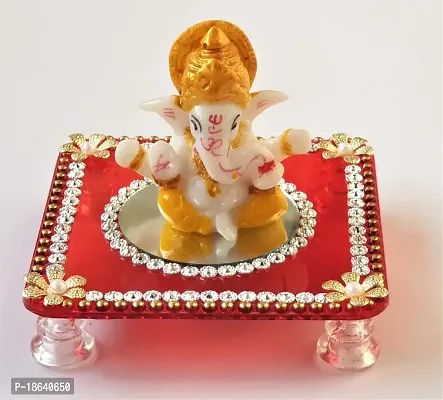 PRAHLL Acrylic And Fibre Ganesha Chowki, 3.2 Inch Stand, with Ganesha idol (2.1 Inch) ( Red , Standard )