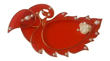 Haldi Kumkum Holder/Pooja Thali in Peacock Shape Red Colour with Jewel Stone Handicraft Handmade Rakhi Thali(20 cm x 1 cm x 10 cm, Red)-thumb1