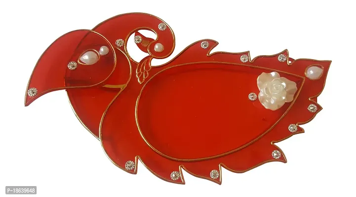 Haldi Kumkum Holder/Pooja Thali in Peacock Shape Red Colour with Jewel Stone Handicraft Handmade Rakhi Thali(20 cm x 1 cm x 10 cm, Red)-thumb2