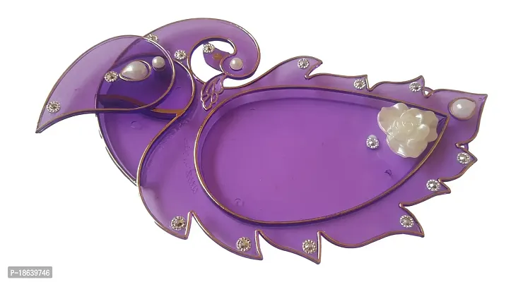 Haldi Kumkum Pooja Thali Acrylic Peacock Shape with Jewel Stone Work Rakhi Thali (20 cm x 1 cm x 10 cm, Purple)-thumb2