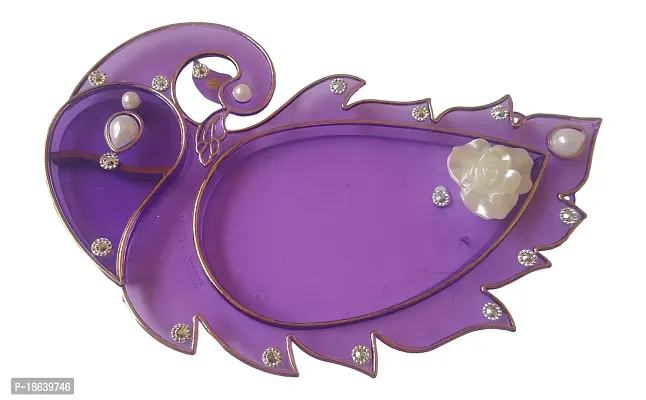 Haldi Kumkum Pooja Thali Acrylic Peacock Shape with Jewel Stone Work Rakhi Thali (20 cm x 1 cm x 10 cm, Purple)-thumb0