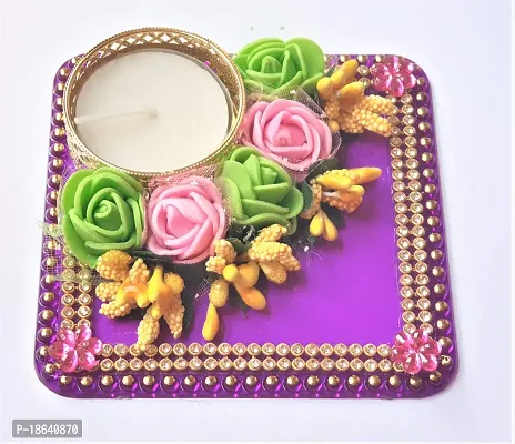 PRAHLL Acrylic Decorative Artificial Flower Rose Tea Light Diwali Diya Candle Holder (3.2 Inch, Purple)-thumb2