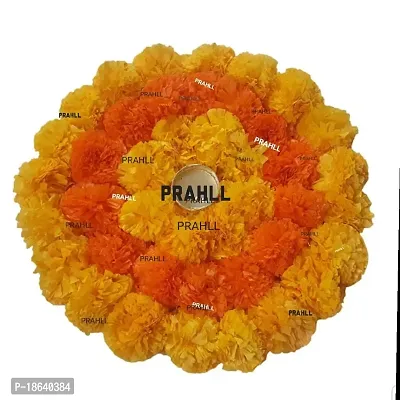 PRAHLL Designer Rangoli Tlite Artificial Marigold Flower Mat on Canvas (12 inch Diameter,with tlite Holder and tlite) (Orange  Dark Orange)-thumb0