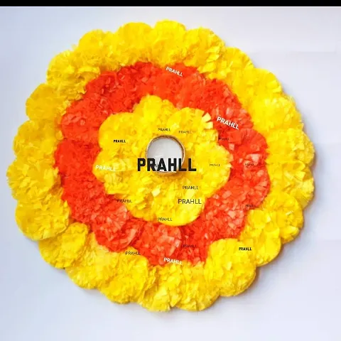 Flower Rangoli Tealight Diya Artificial Marigold Flower Mat on Canvas (12 inch Diameter,with tlite Holder and tlite)