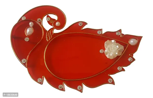 Haldi Kumkum Holder/Pooja Thali in Peacock Shape Red Colour with Jewel Stone Handicraft Handmade Rakhi Thali(20 cm x 1 cm x 10 cm, Red)