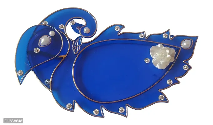 Haldi Kumkum Holder Handcrafted Pooja Thali Peacock Platter Designer and Handmade Rakhi Thali for Pooja and Festivals (20 cm x 1 cm x 10 cm, Blue)-thumb0