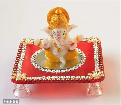 PRAHLL Acrylic And Fibre Ganesha Chowki, 3.2 Inch Stand, with Ganesha idol (2.1 Inch) ( Red , Standard )-thumb2