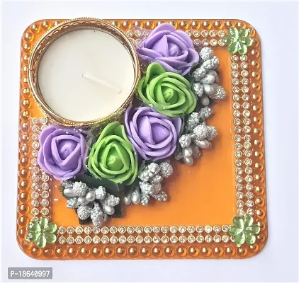 PRAHLL Decorative Artificial Flower Rose Tea Light Holder (3.2 Inch, Orange)-thumb3