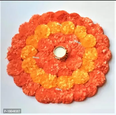 PRAHLL Designer Rangoli Tlite Artificial Marigold Flower Mat on Canvas with tealight Holder and tlite (12 inch Diameter, Dark Orange and Orange)