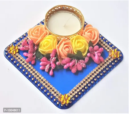 PRAHLL Decorative Metal Artificial Flower Rose Tea Light Holder Tlite Holder Diwali Diya Candle Holder (3.2 Inch, Blue)