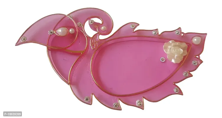 Haldi Kumkum Holder/Pooja Thali Acrylic Peacock Shape Designer Handmade Handicraft Pink Rakhi Thali(20 cm x 1 cm x 10 cm, Pink)-thumb2