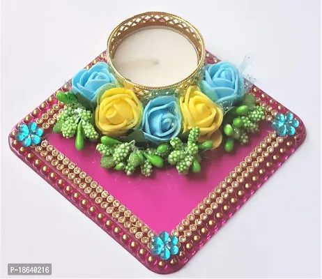 PRAHLL Decorative Artificial Flower Rose Tea Light Candle Holder Diwali Diya (3.2 Inch, PINK)-thumb0