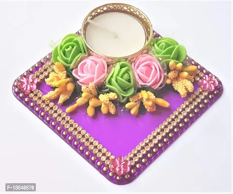 PRAHLL Acrylic Decorative Artificial Flower Rose Tea Light Diwali Diya Candle Holder (3.2 Inch, Purple)
