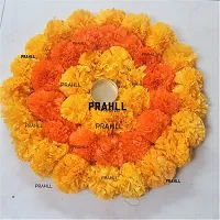 PRAHLL Designer Rangoli Tlite Artificial Marigold Flower Mat on Canvas (12 inch Diameter,with tlite Holder and tlite) (Orange  Dark Orange)-thumb1