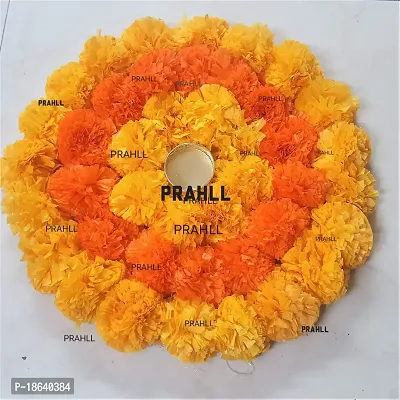 PRAHLL Designer Rangoli Tlite Artificial Marigold Flower Mat on Canvas (12 inch Diameter,with tlite Holder and tlite) (Orange  Dark Orange)-thumb2