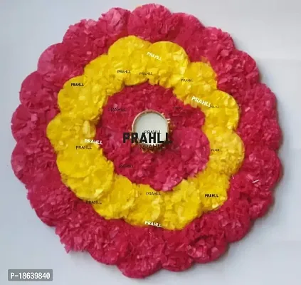 PRAHLL Designer Artificial Marigold Flower Mat on Canvas Rangoli with Tlite Holder and Tlite (Pink Yellow_12 Inch Diameter)-thumb0