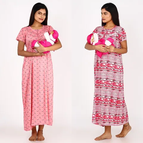 Classic Cotton Printed Maternity Night Gowns for Women, Pack of 2