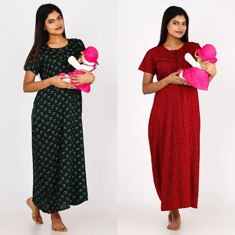 Classic Cotton Printed Maternity Nighty Gowns for Women, Pack of 2