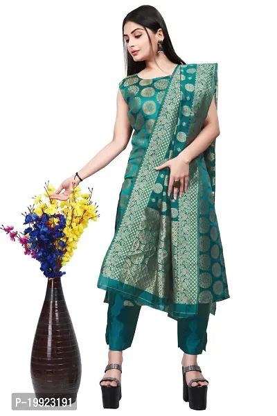 Elegant Teal Jacquard Art Silk Kurta with Pant And Dupatta Set For Women-thumb0