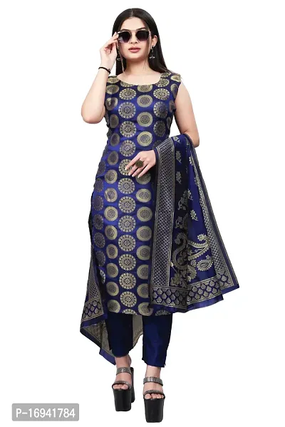 Elegant Navy Blue Silk Jacquard Dress Material with Dupatta For Women-thumb0