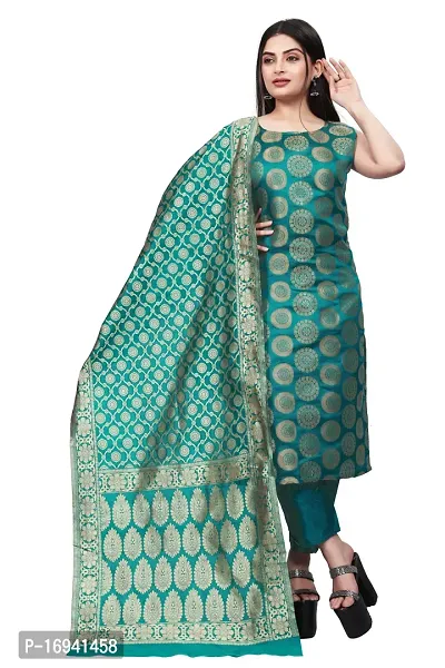 Elegant Teal Silk Jacquard Dress Material with Dupatta For Women-thumb0