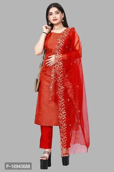 Elegant Red Silk Jacquard Dress Material with Dupatta For Women-thumb0