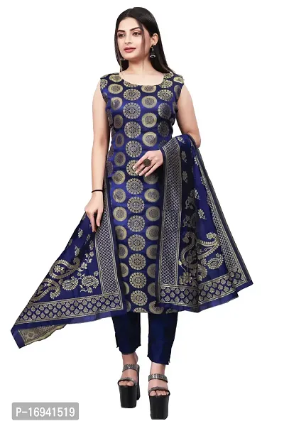 Elegant Navy Blue Silk Jacquard Dress Material with Dupatta For Women-thumb0