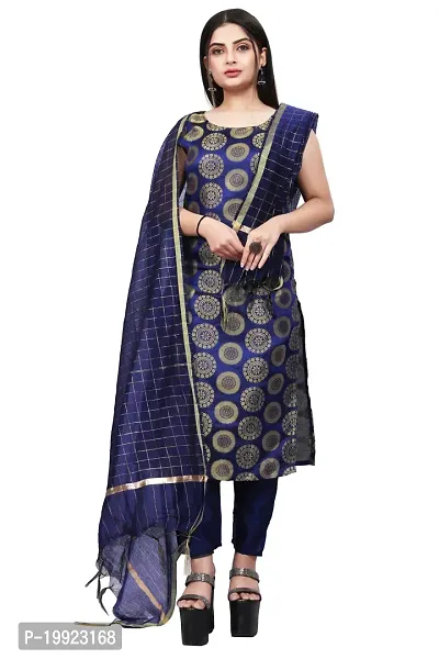 Elegant Navy Blue Jacquard Art Silk Kurta with Pant And Dupatta Set For Women