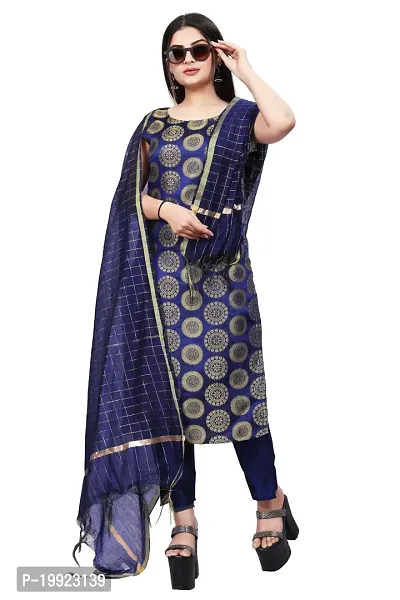 Elegant Navy Blue Jacquard Art Silk Kurta with Pant And Dupatta Set For Women-thumb0