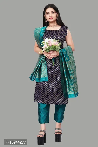 Elegant Navy Blue Silk Jacquard Dress Material with Dupatta For Women-thumb0