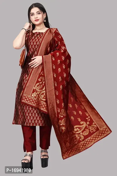 Elegant Maroon Silk Jacquard Dress Material with Dupatta For Women