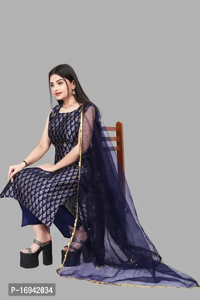 Elegant Navy Blue Silk Jacquard Dress Material with Dupatta For Women-thumb0