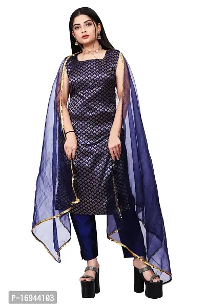 Elegant Navy Blue Silk Jacquard Dress Material with Dupatta For Women-thumb0